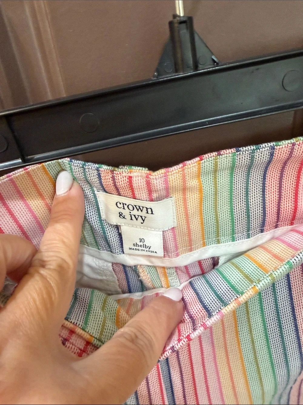 Crown & Ivy Scallop Hem Pastel Rainbow Stripe High-Waist Shorts